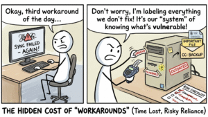 Graphic reading: “Don’t worry, I’m labeling everything we’t fix! It’s our ‘’ of knowing what’s vulnerable!” with the heading “The Hidden Cost of ‘Workarounds’ (Time Lost, Risky Reliance”